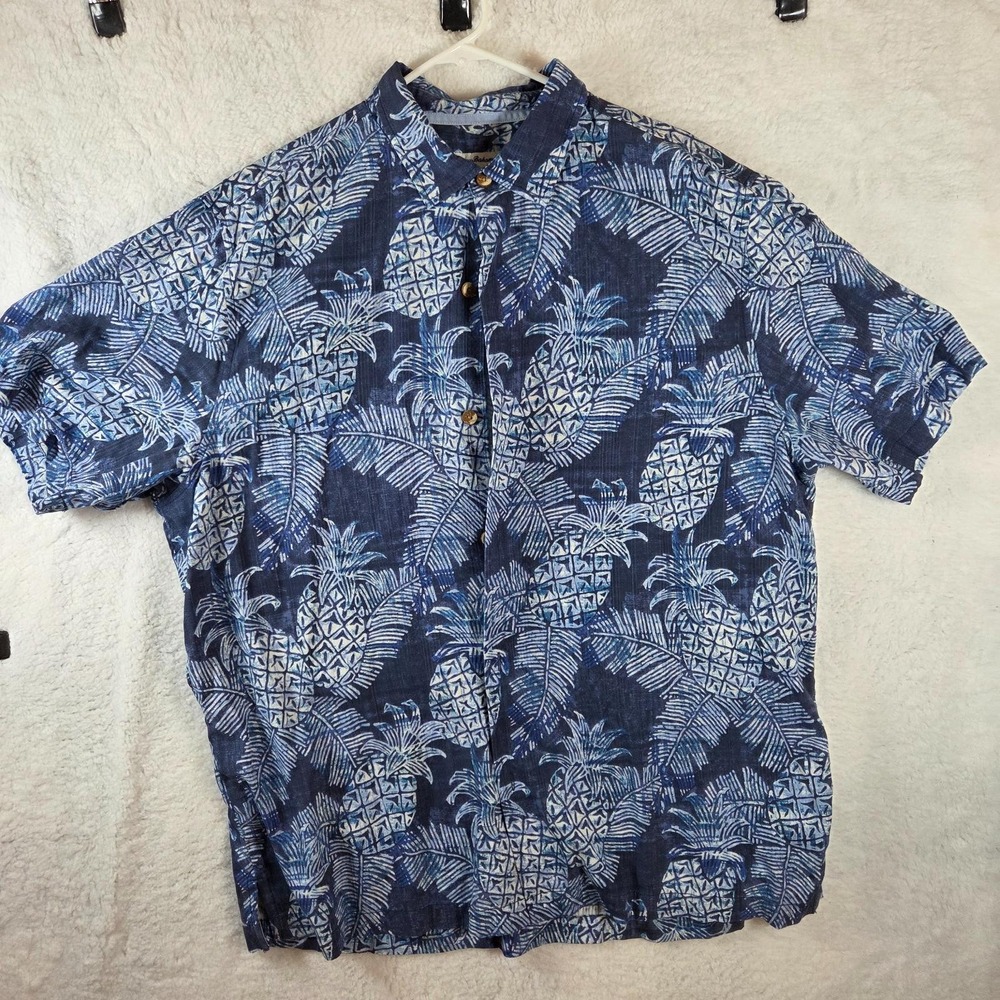 Tommy Bahama Shirt Men's XL Navy Blue Short Sleeve Button Up Cotton Blend Pin...